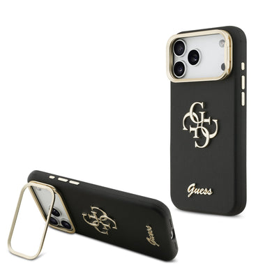 Husa Guess PU Grained 4G Logo Stand Camera Frame pentru iPhone 17 Pro Max Negru