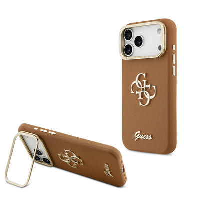 Husa Guess PU Grained 4G Logo Stand Camera Frame pentru iPhone 17 Pro Max Maro