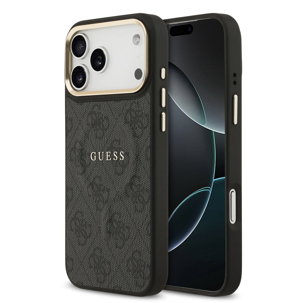 Husa Guess piele sintetica 4G Auriu Frame Magsafe pentru iPhone 17 Pro Max Negru