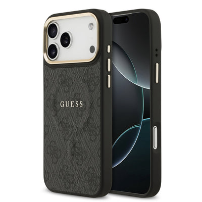 Husa Guess piele sintetica 4G Auriu Frame Magsafe pentru iPhone 17 Pro Max Negru