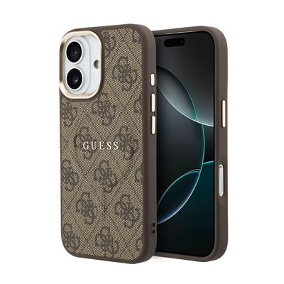 Husa Guess piele sintetica 4G Auriu Frame Magsafe pentru iPhone 17 Maro