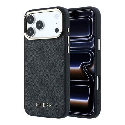 Husa Guess piele sintetica 4G Auriu Frame Magsafe pentru iPhone 18 Pro Negru