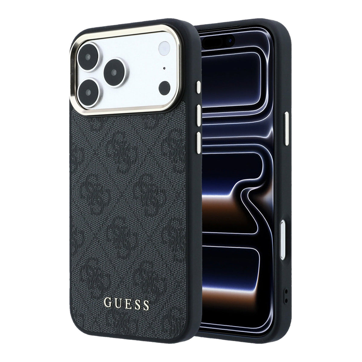 Husa Guess piele sintetica 4G Auriu Frame Magsafe pentru iPhone 18 Pro Max Negru