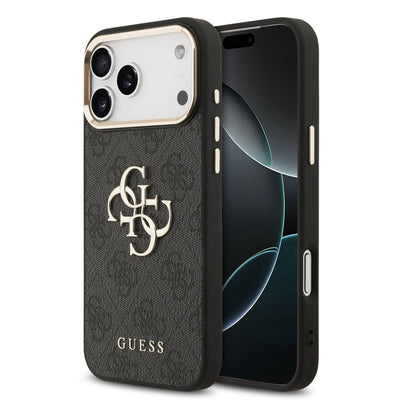 Husa Guess piele sintetica 4G Metal Logo Auriu Frame pentru iPhone 17 Pro Max Negru