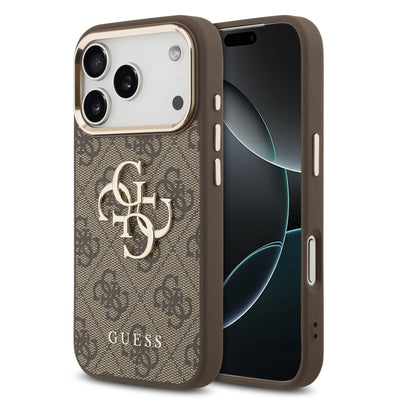 Husa Guess piele sintetica 4G Metal Logo Auriu Frame pentru iPhone 17 Pro Max Maro