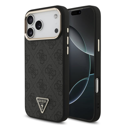 Husa Guess piele sintetica 4G Strass Triangle Logo Auriu Frame Magsafe pentru iPhone 18 Pro Max Negru