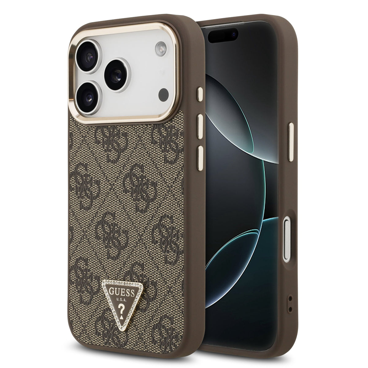 Husa Guess piele sintetica 4G Strass Triangle Logo Auriu Frame Magsafe pentru iPhone 18 Pro Maro