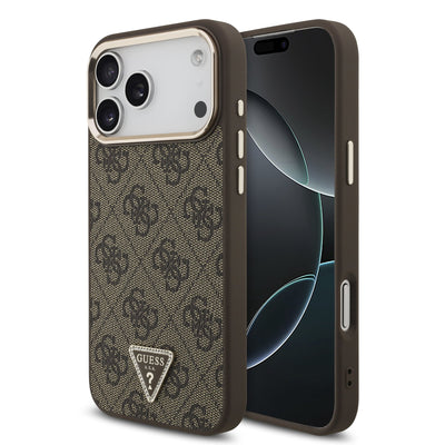 Husa Guess piele sintetica 4G Strass Triangle Logo Auriu Frame Magsafe pentru iPhone 18 Pro Max Maro