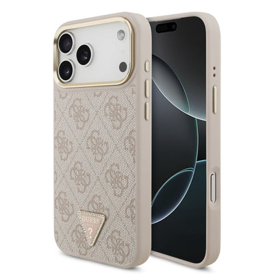 Husa Guess piele sintetica 4G Strass Triangle Logo Auriu Frame Magsafe pentru iPhone 18 Pro Max Roz