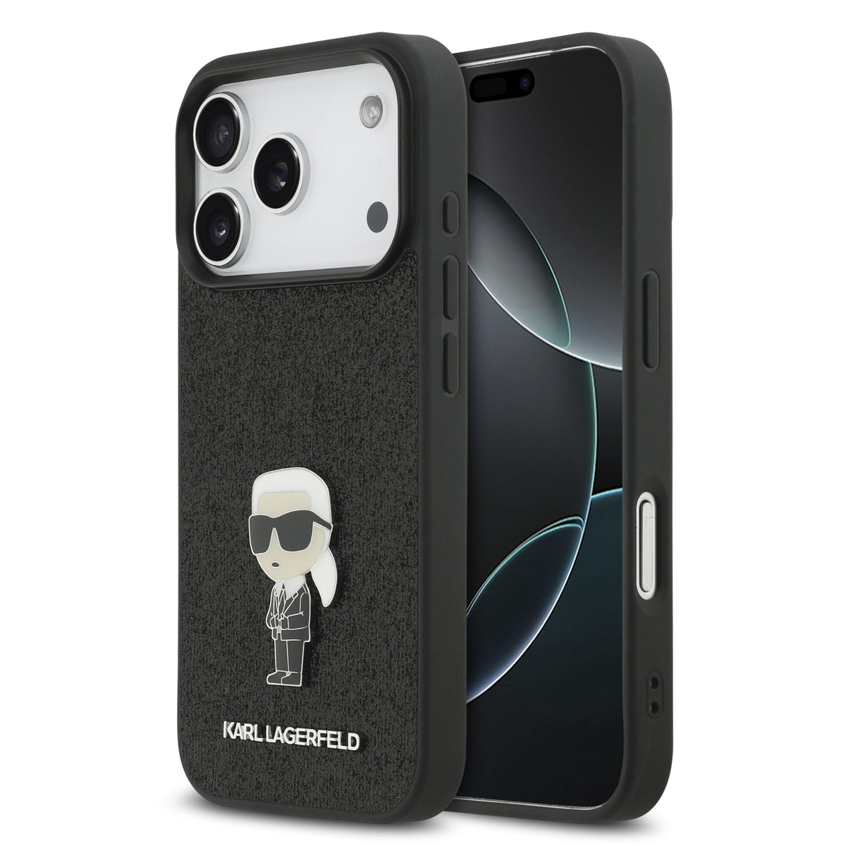 Husa Karl Lagerfeld Fixed Glitter Metal Ikonik pentru iPhone 17 Pro Negru