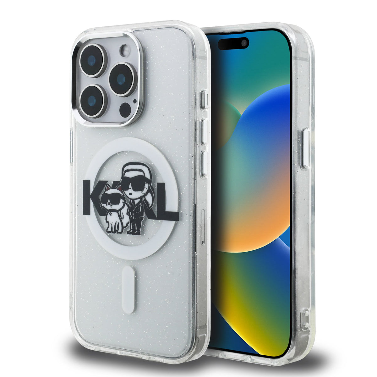 Husa Karl Lagerfeld IML Glitter Karl si Choupette Sketch Magsafe pentru iPhone 15 Pro Transparent