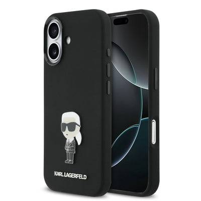 Husa Karl Lagerfeld Liquid Silicone Metal Ikonik pentru iPhone 17 Negru