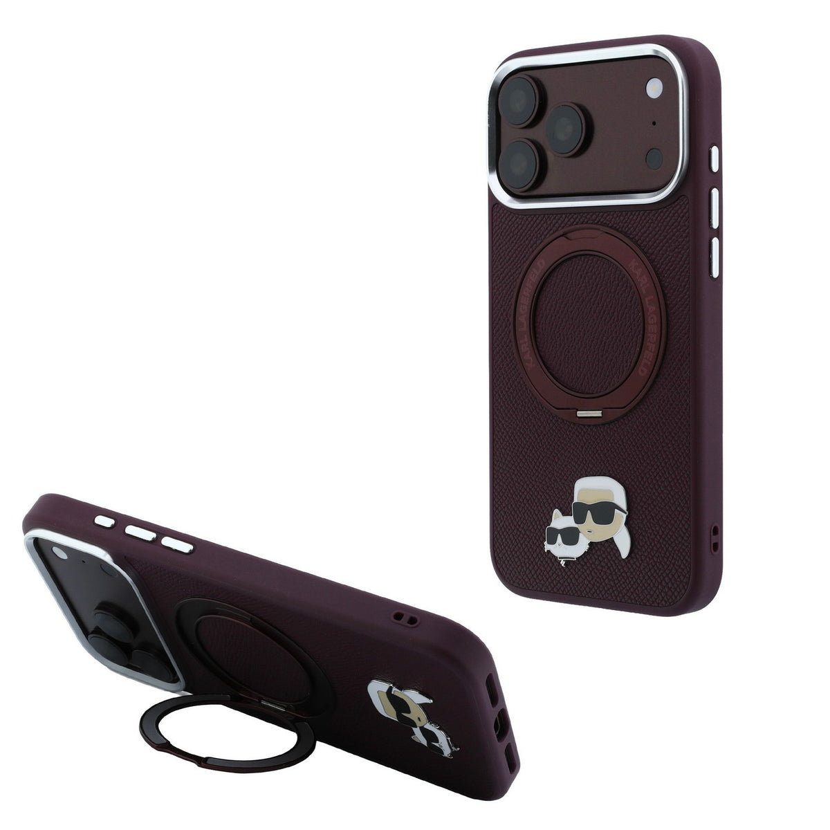 Husa Karl Lagerfeld PU Grained K&CH Heads Ring Stand Magsafe pentru iPhone 18 Pro Max Burgundy