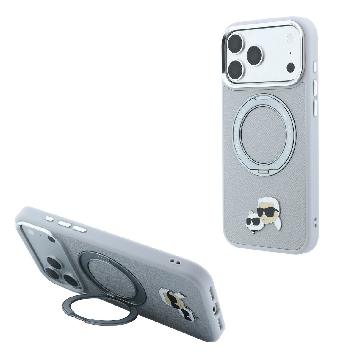Husa Karl Lagerfeld PU Grained K&CH Heads Ring Stand Magsafe pentru iPhone 18 Pro Max Gri