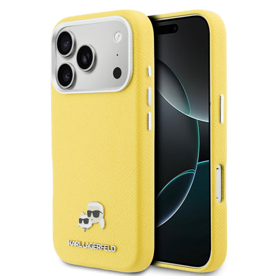 Husa Karl Lagerfeld PU Karl si Choupette Heads Pins Magsafe pentru iPhone 17 Pro Galben