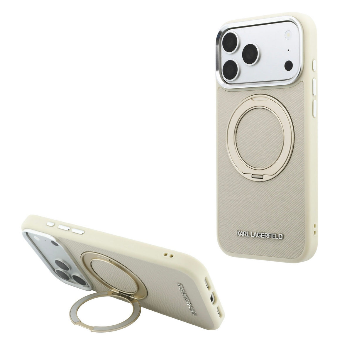 Husa Karl Lagerfeld PU Saffiano Ring Stand Magsafe pentru iPhone 18 Pro Bej