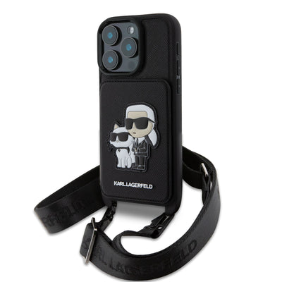 Husa Karl Lagerfeld Saffiano Crossbody Curea Karl si Choupette pentru iPhone 16 Pro Negru