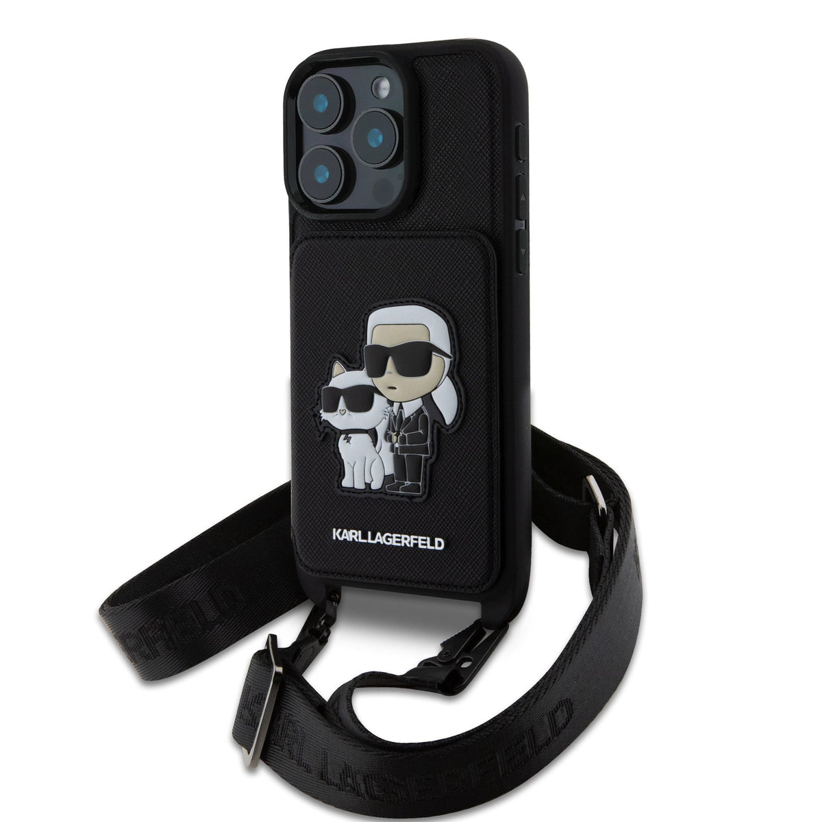 Husa Karl Lagerfeld Saffiano Crossbody Curea Karl si Choupette pentru iPhone 16 Pro Max Negru