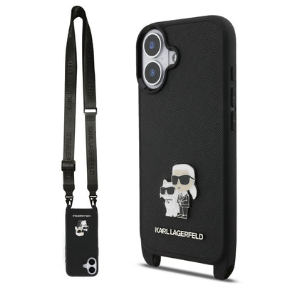 Husa Karl Lagerfeld Saffiano Crossbody Curea Metal Karl si Choupette pentru iPhone 17 Negru