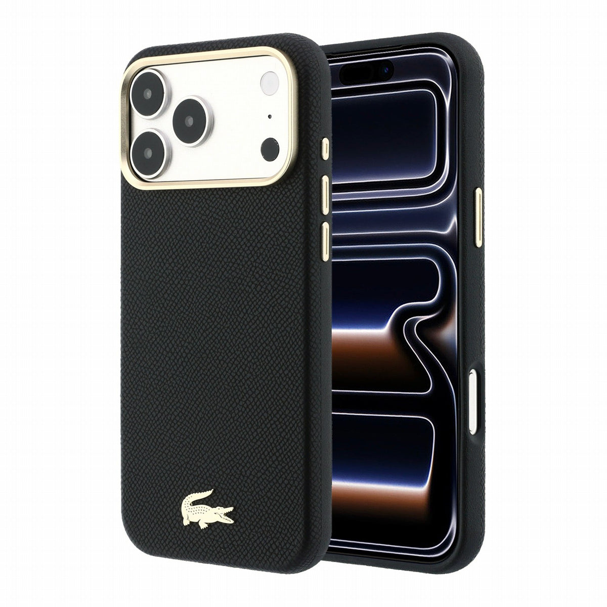 Husa Lacoste piele sintetica Champs Elysees Auriu Logo Magsafe pentru iPhone 18 Pro Max Negru