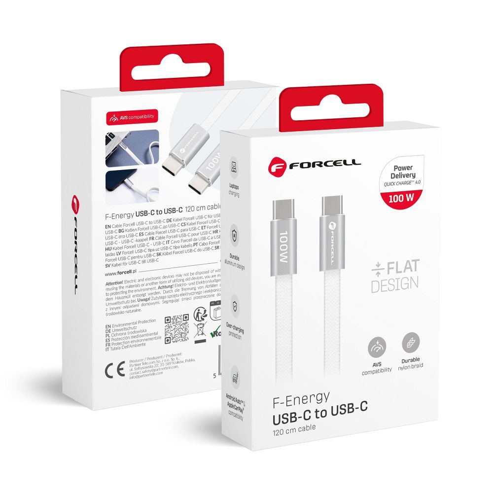 Cablu Forcell USB C To USB C F-energy Qc4.0 PD 5A 100W Cafule Flat 1,2m Alb