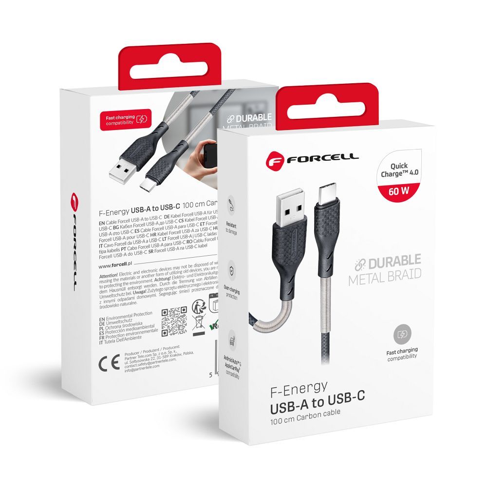Cablu Forcell USB A To USB C F-energy Qc4.0 5A 60W Carbon 1 M Negru