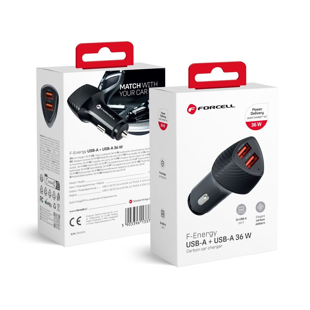 Incarcator auto Forcell F-energy Carbon 2 X USB A Qc3.0 3A 36W Negru