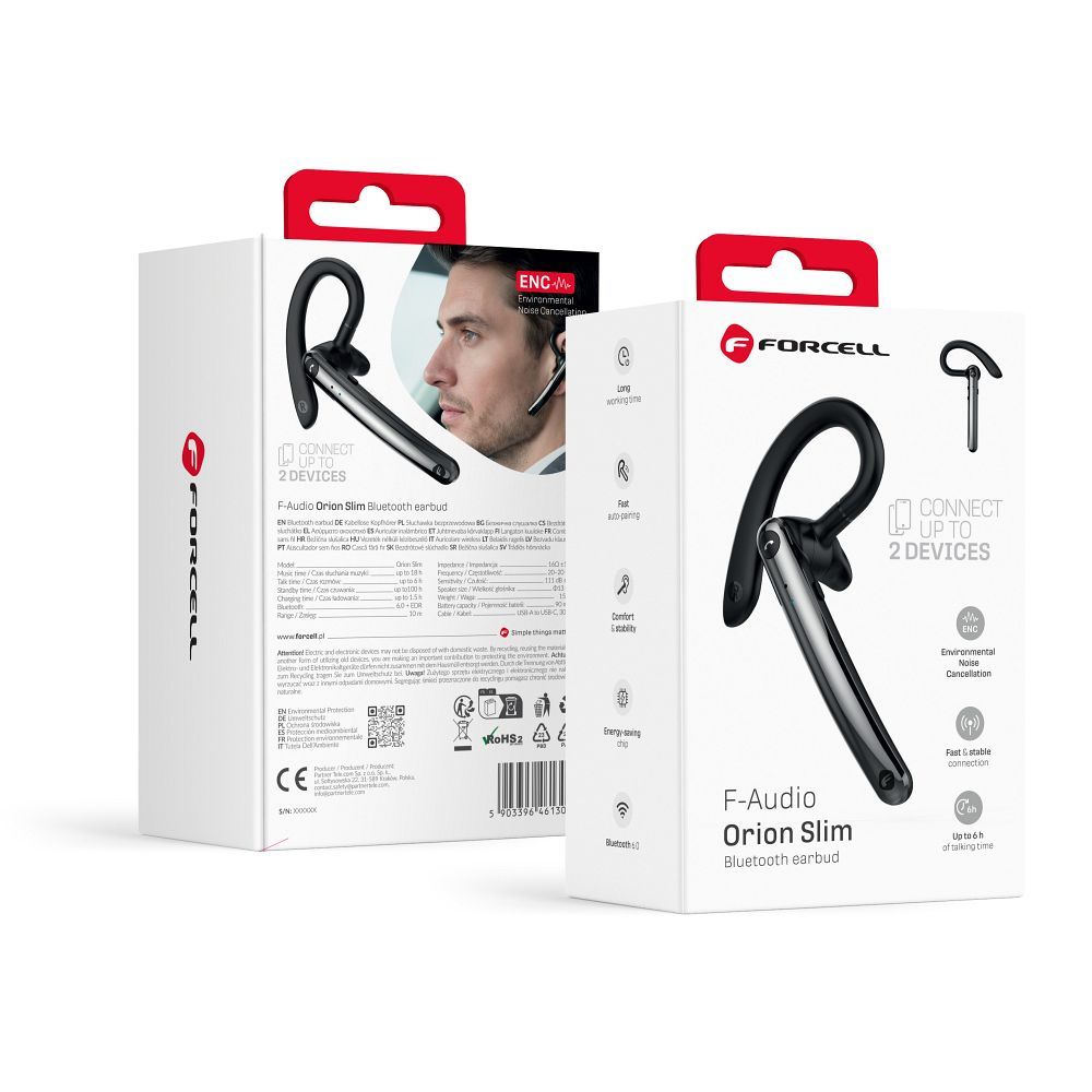 Casti Forcell Wireless Mono (ENC, Multipoint, BT 6.0 + EDR, 90mah) Orion Slim Negru
