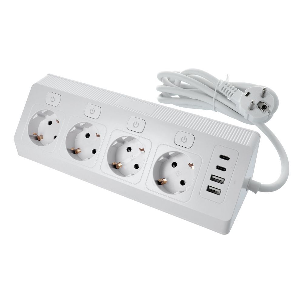Cablu Power Strip cu 4 Sockets Max 3680W, 2xUSB A, 2x Type C Ports cu 2m Power E42 Alb