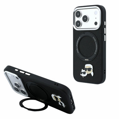 Husa Arl Lagerfeld PU Grained K&CH Heads Ring Stand Magsafe pentru iPhone 18 Pro Max Negru