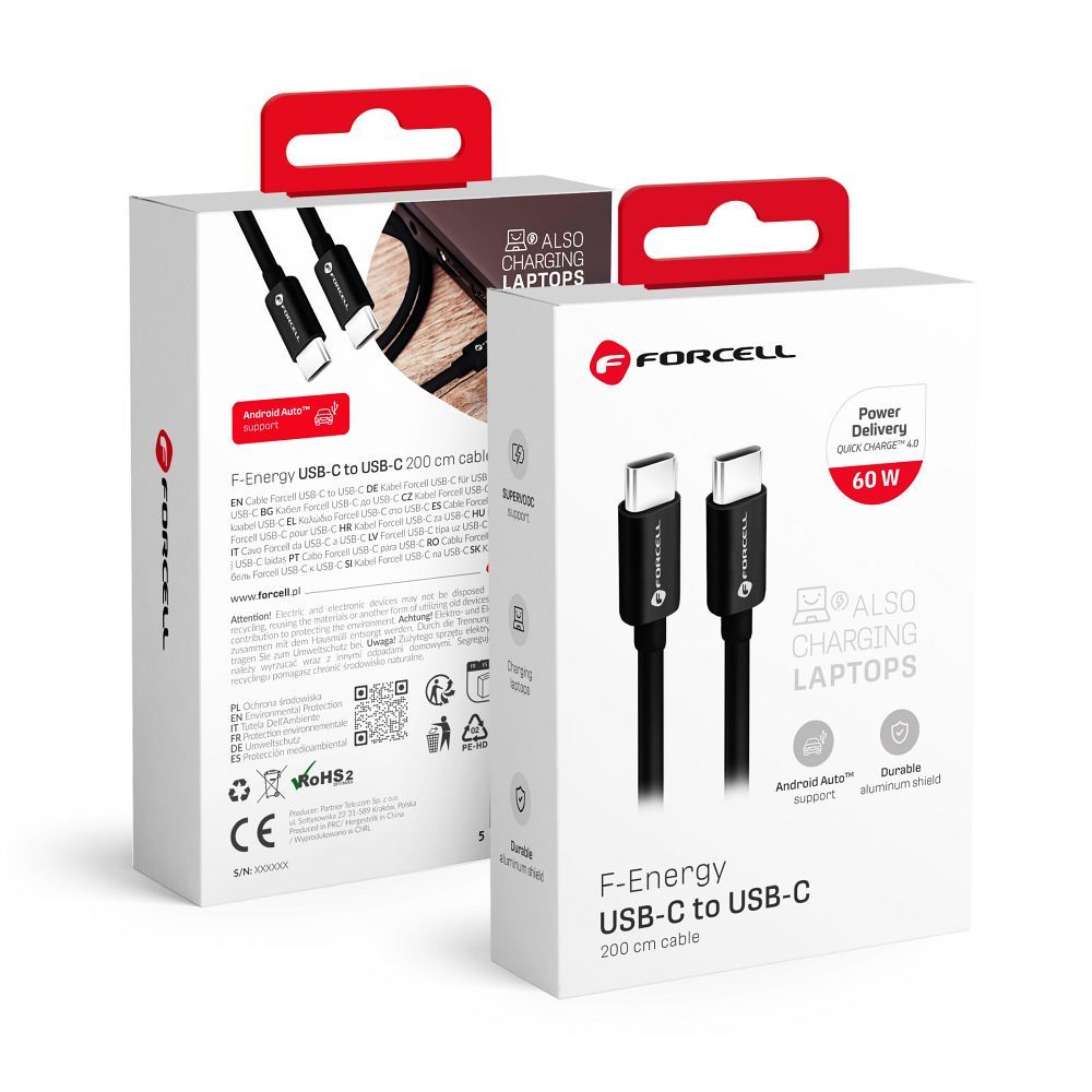 Cablu Forcell USB C To USB C F-energy Qc4.0 PD 3A 60W 2 M C338 Negru
