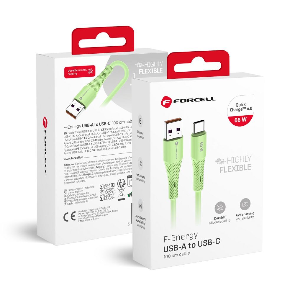 Cablu Forcell USB A To USB C F-energy Qc4.0 3A 66W Silicone 1 M C342 Verde
