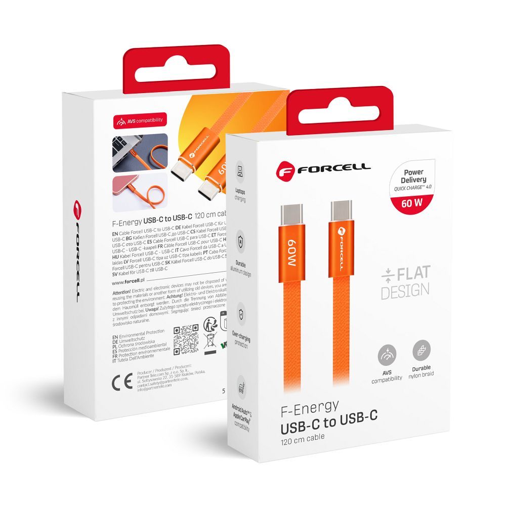 Cablu Forcell USB C To USB C F-energy Qc4.0 PD 3A 60W Cafule Flat 1,2 M Portocaliu