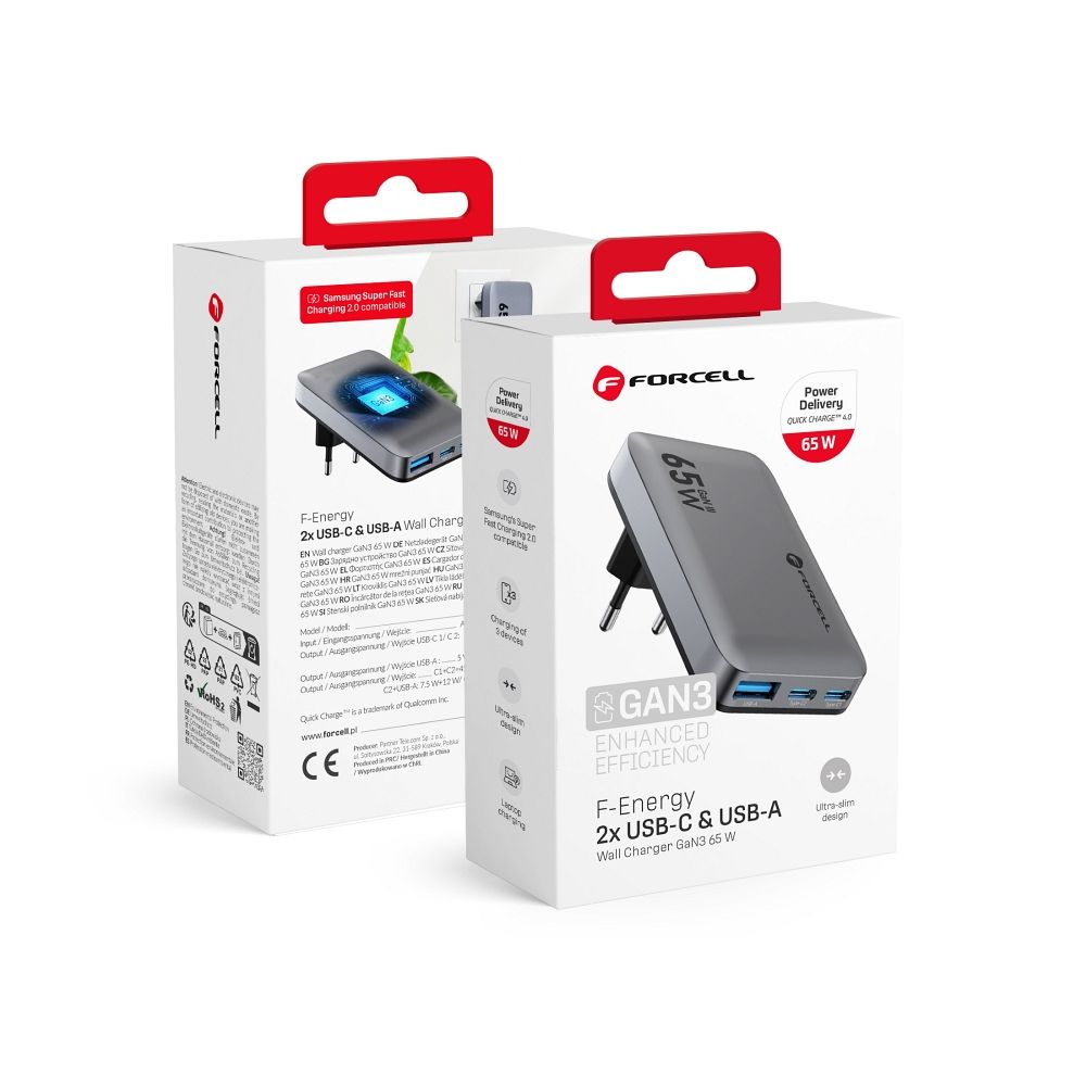 Incarcator Forcell Phone F-energy Ultra Slim Gan III 2 X USB C + USB A Qc4.0 PD 4A 65W Vt-47 Gri 0INT