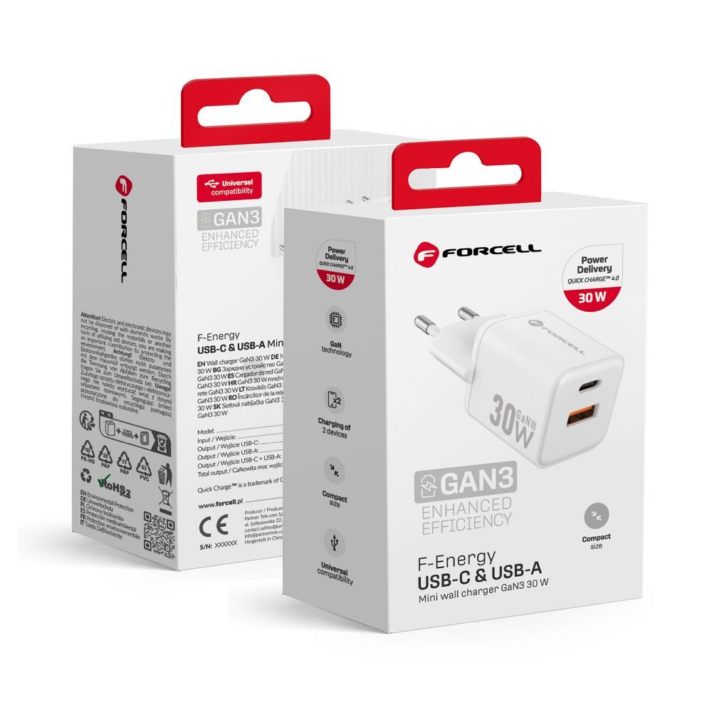 Incarcator Forcell Phone F-energy Mini Gan III USB C + USB A Qc4.0 PD 30W Vt-35 Alb 0INT