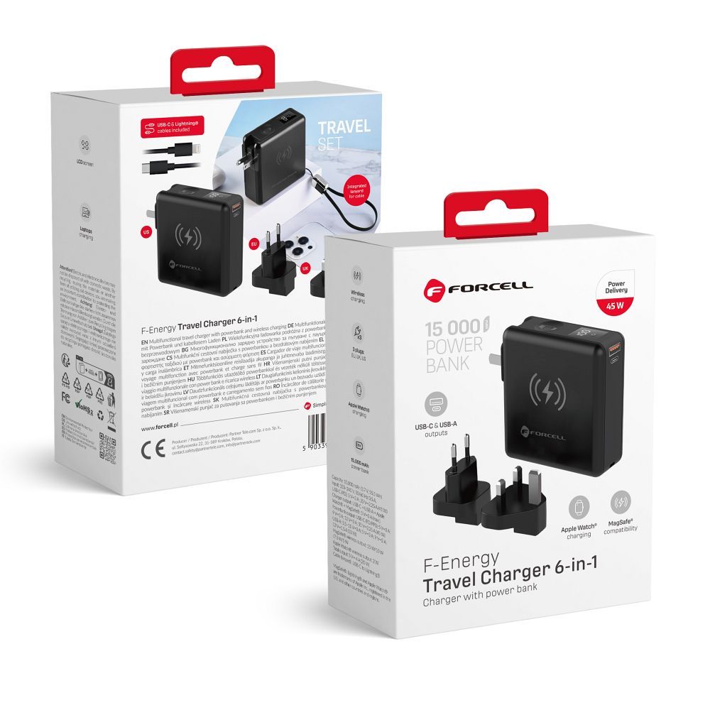 Incarcator Forcell Multifunction F-energy 6in1 USB A + USB C PD 45W + Acumulator extern 15000 Mah + Wireless Charging 15