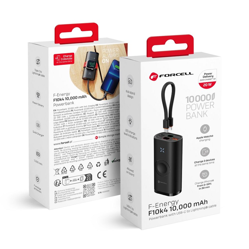 Acumulator extern Forcell F-energy F10k4 PD Qc3.0 3A 22,5W 10000 Mah Compatible cu Apple Watch Negru