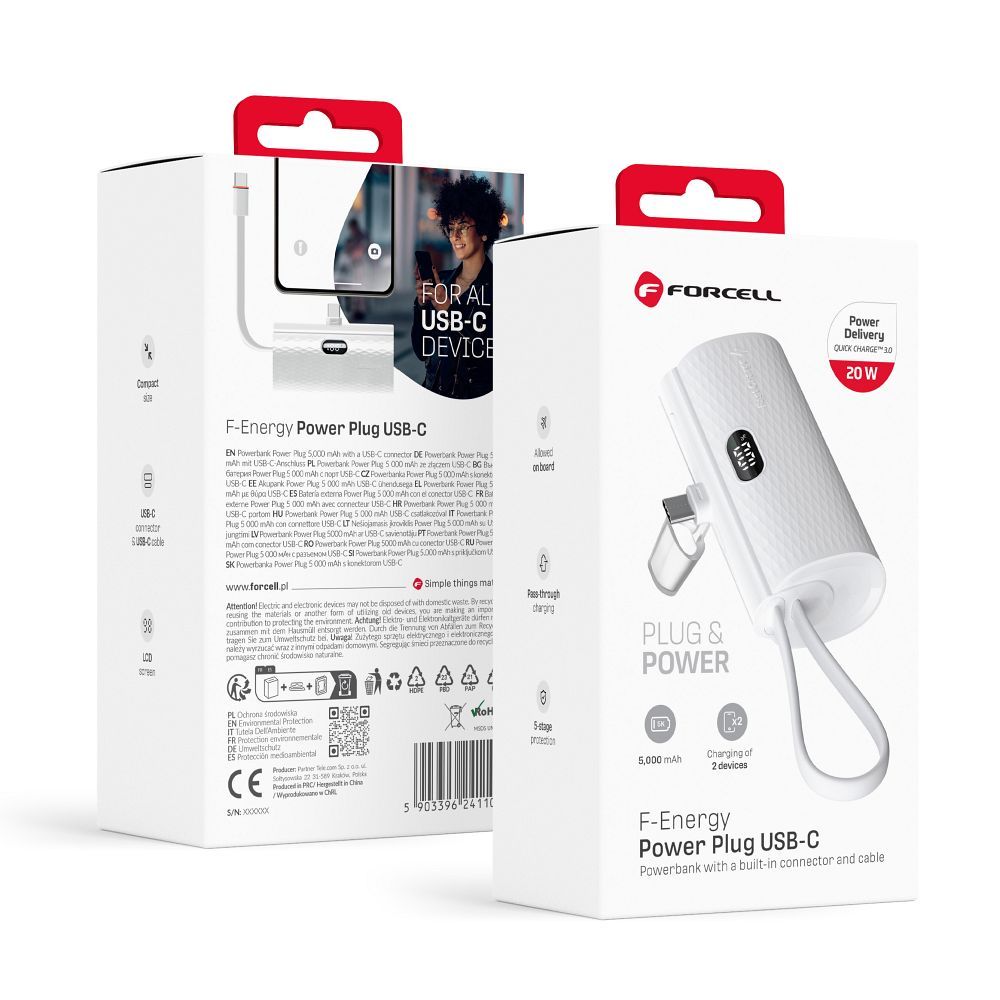 Acumulator extern Forcell F-energy Power Plug F5k3 PD 20W 5000 Mah cu Built-in Connector USB C Alb