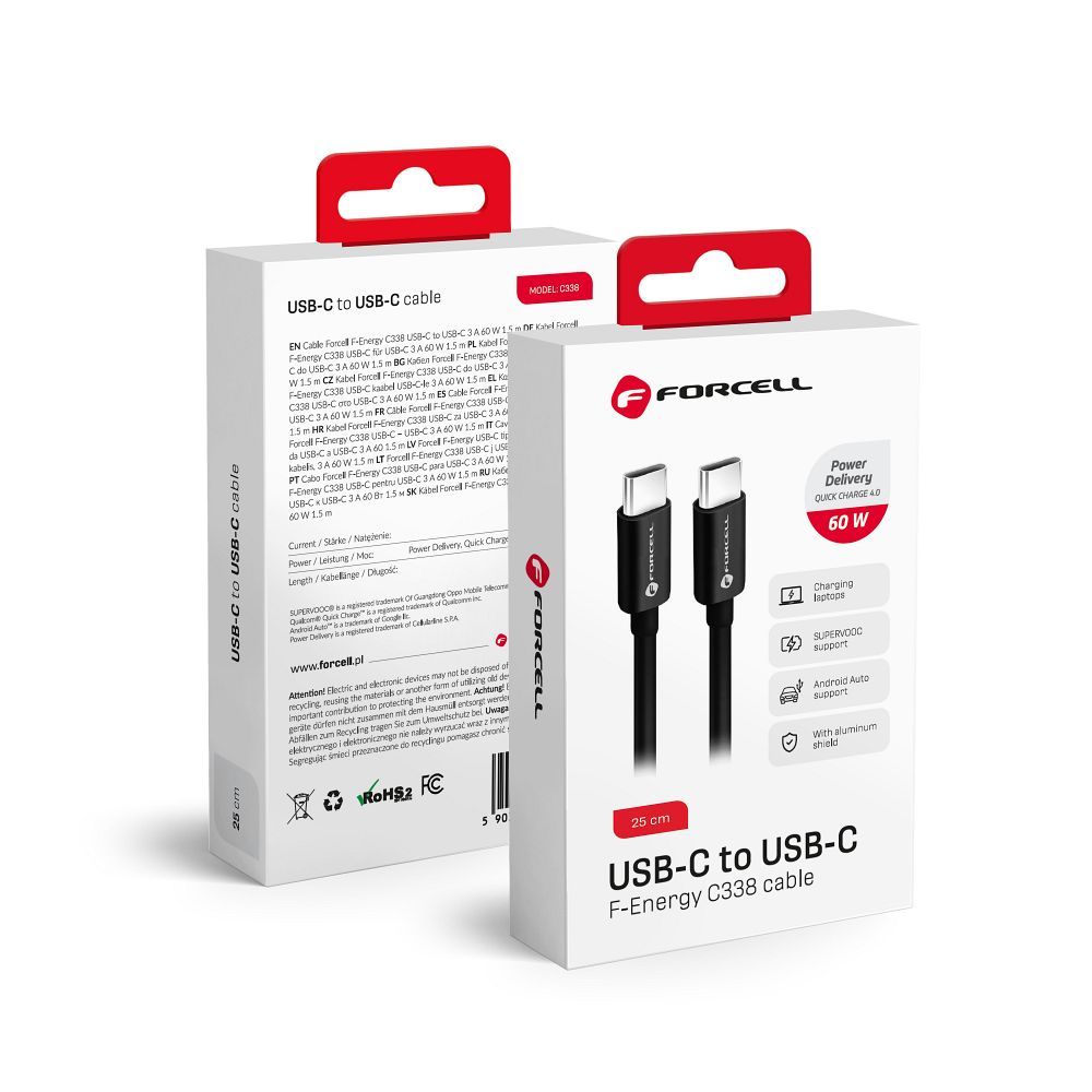 Cablu Forcell USB C To USB C F-energy Qc4.0 PD 3A 60W 0,25 M C338 Negru