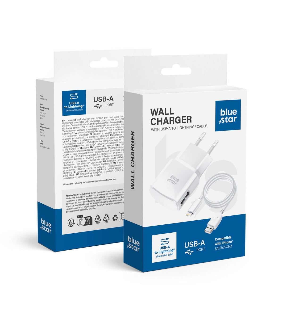 Cablu Albastru Star Phone Incarcator USB A 1A 5W + USB A To Lightning Alb