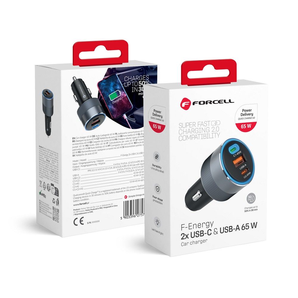 Incarcator auto Forcell F-energy Alu 2 X USB C + USB A Qc4.0 PD Sfc2.0 4,5A 65W Gri
