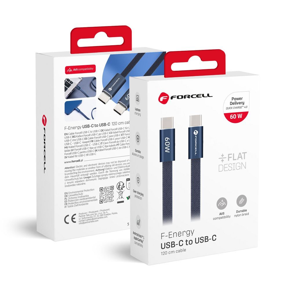Cablu Forcell USB C To USB C F-energy Qc4.0 PD 3A 60W Cafule Flat 1,2 M Albastru inchis