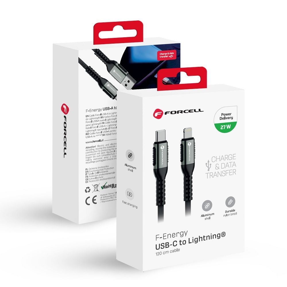 Cablu Forcell USB C To Lightning F-energy PD 3A 27W Cafule 1,2 M C259 Negru