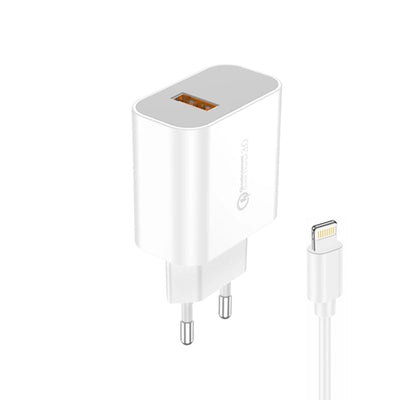 Cablu Foneng Incarcator priza Eu46 18W 1xUSB Qc3.0 + Lightning Alb