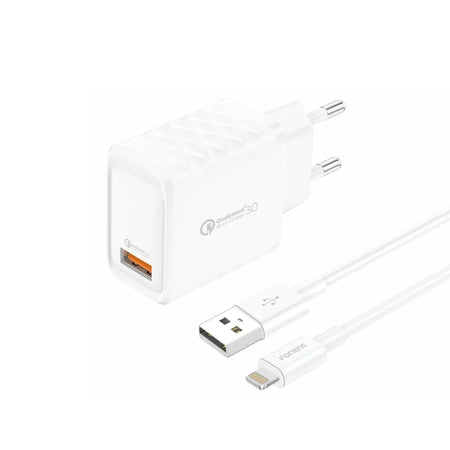 Cablu Foneng Incarcator priza Eu54 18W 1xUSB Qc3.0 + Lightning Alb