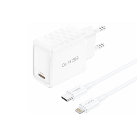 Cablu Foneng Incarcator priza Eu55 Gan PD 20W 1xUSB-C + Usb-c - Lightning Alb