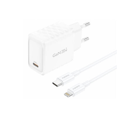 Cablu Foneng Incarcator priza Eu55 Gan PD 20W 1xUSB-C + Usb-c - Lightning Alb