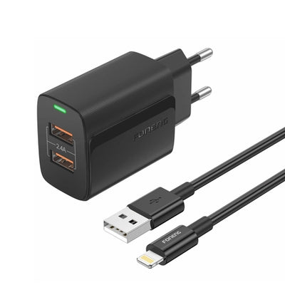 Cablu Foneng Incarcator priza Eu63 2.4A 12W 2xUSB + Lightning Negru