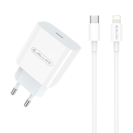 Cablu Jellico Incarcator priza Ak180 PD 20W 1xUSB-C + Usb-c - Lightning Alb