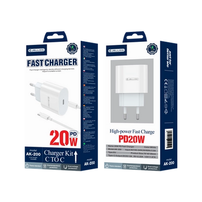 Cablu Jellico Incarcator priza Ak200 PD 20W 1xUSB-C + Usb-c - Usb-c Alb